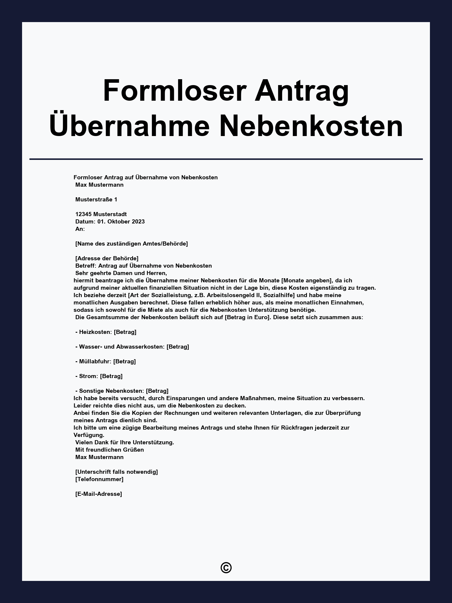 Formloser Antrag Übernahme Nebenkosten